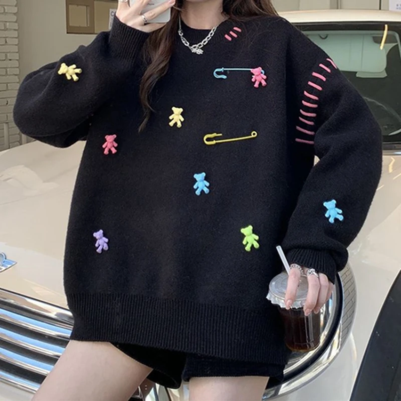 Korean Kawaii Sweater Women Autumn Winter Bear Embroidery O-neck Long Sleeve Loose Pullovers Tops Fashion Casual Knitwear Jumper