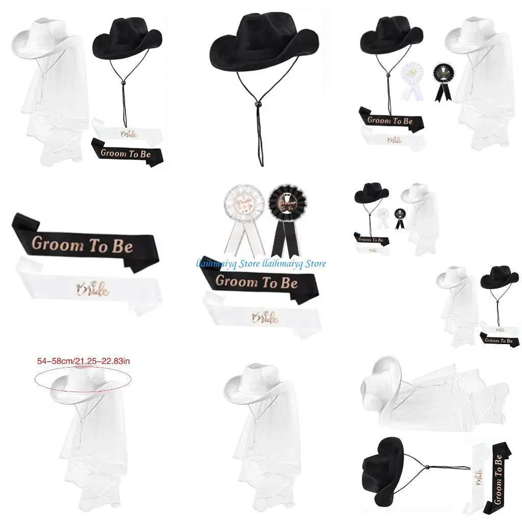 

573B Groom Bride Hat Sash Badges Set Wedding Bridal Shower Groom Wear