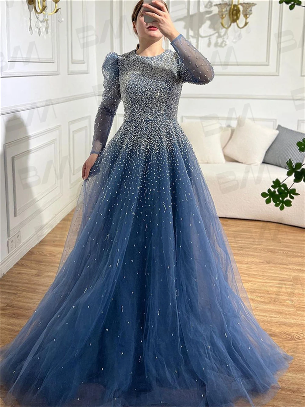 Imagens reais árabe uma linha vestido formal com contas e strass até o chão manga cheia vestido de baile de luxo vestido de festa à noite