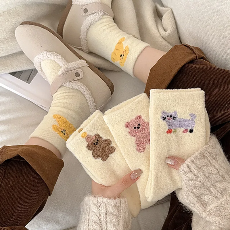 Autumn Winter Velvet Cartoon Cute Aussie Comfort Home Wool Thickened Floor Dormitory Socks Velvet Warm Mid-tube Women's Sock