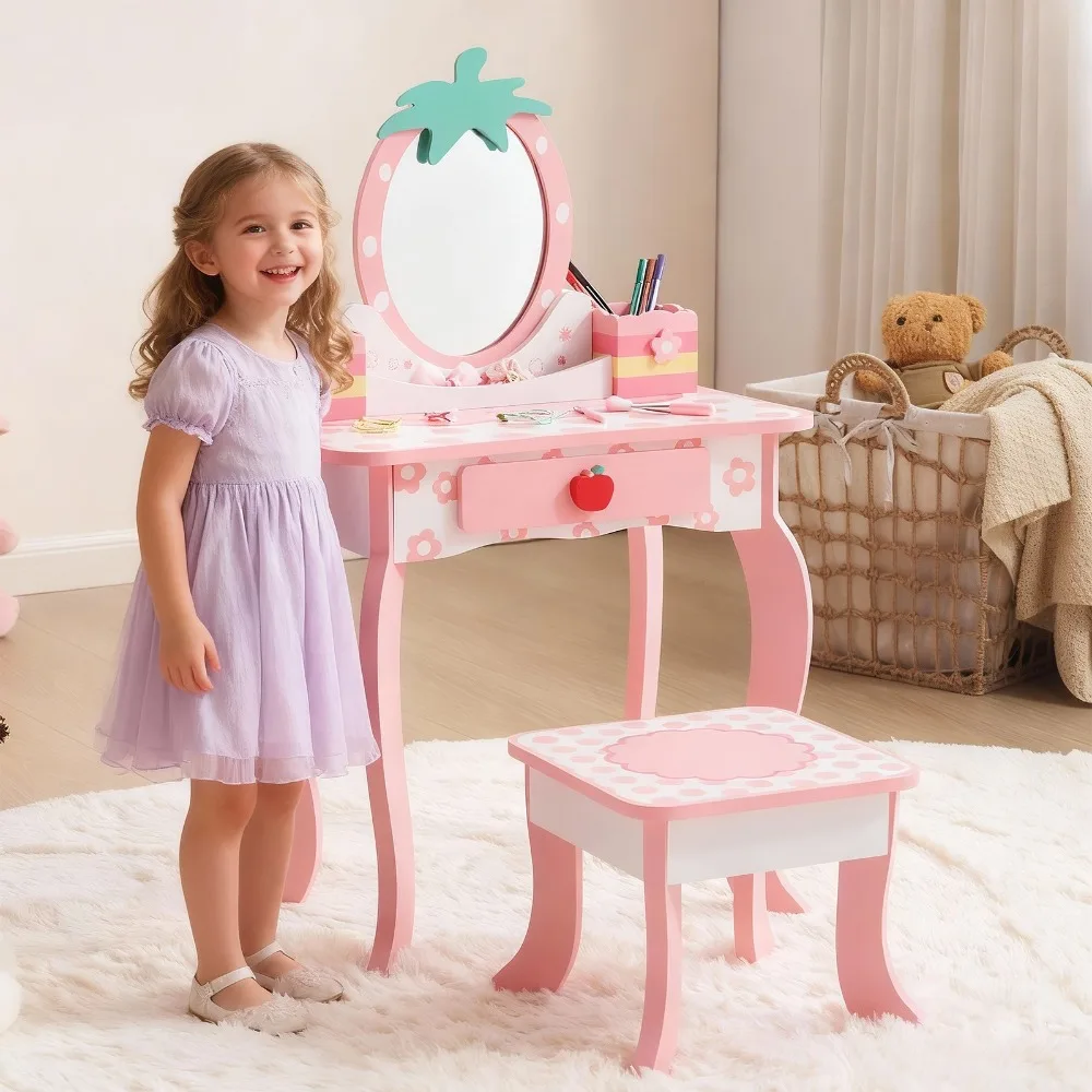 

Kids Set Vanity Girls Makeup Dressing Table w/Stool Drawer & Mirror Xmas Gifts