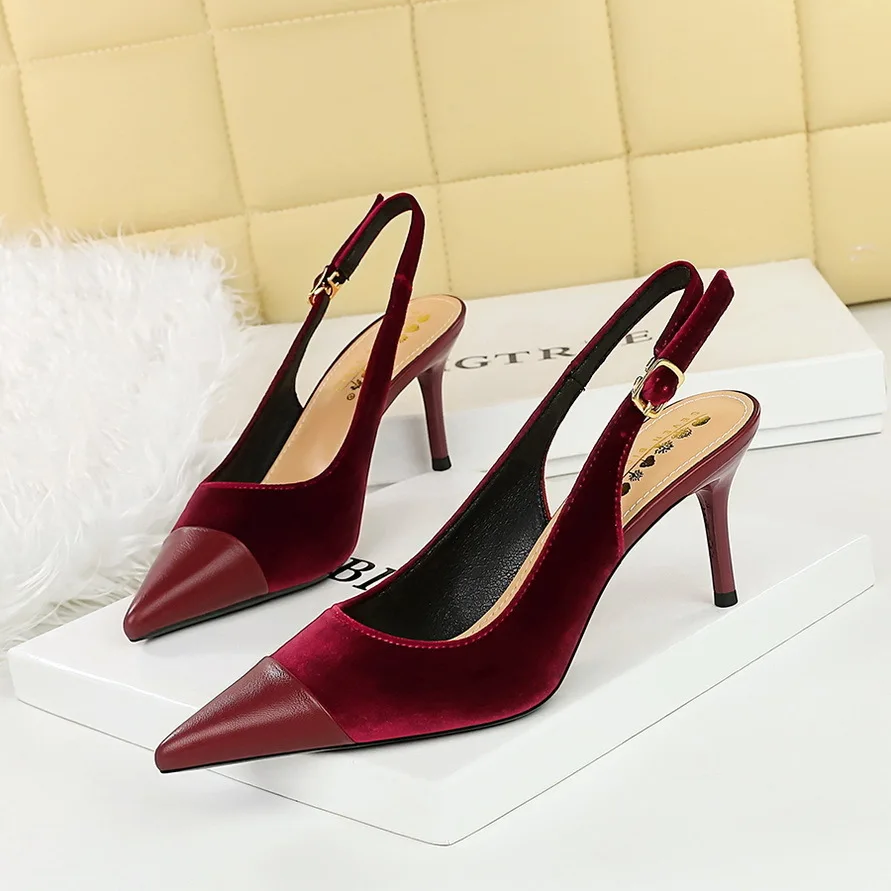 

Women Pumps Shoes Banquet High Heels Empty Women's Spliced Pointed Xishi Velvet Hollow Back Strap Single туфли женские Shoese