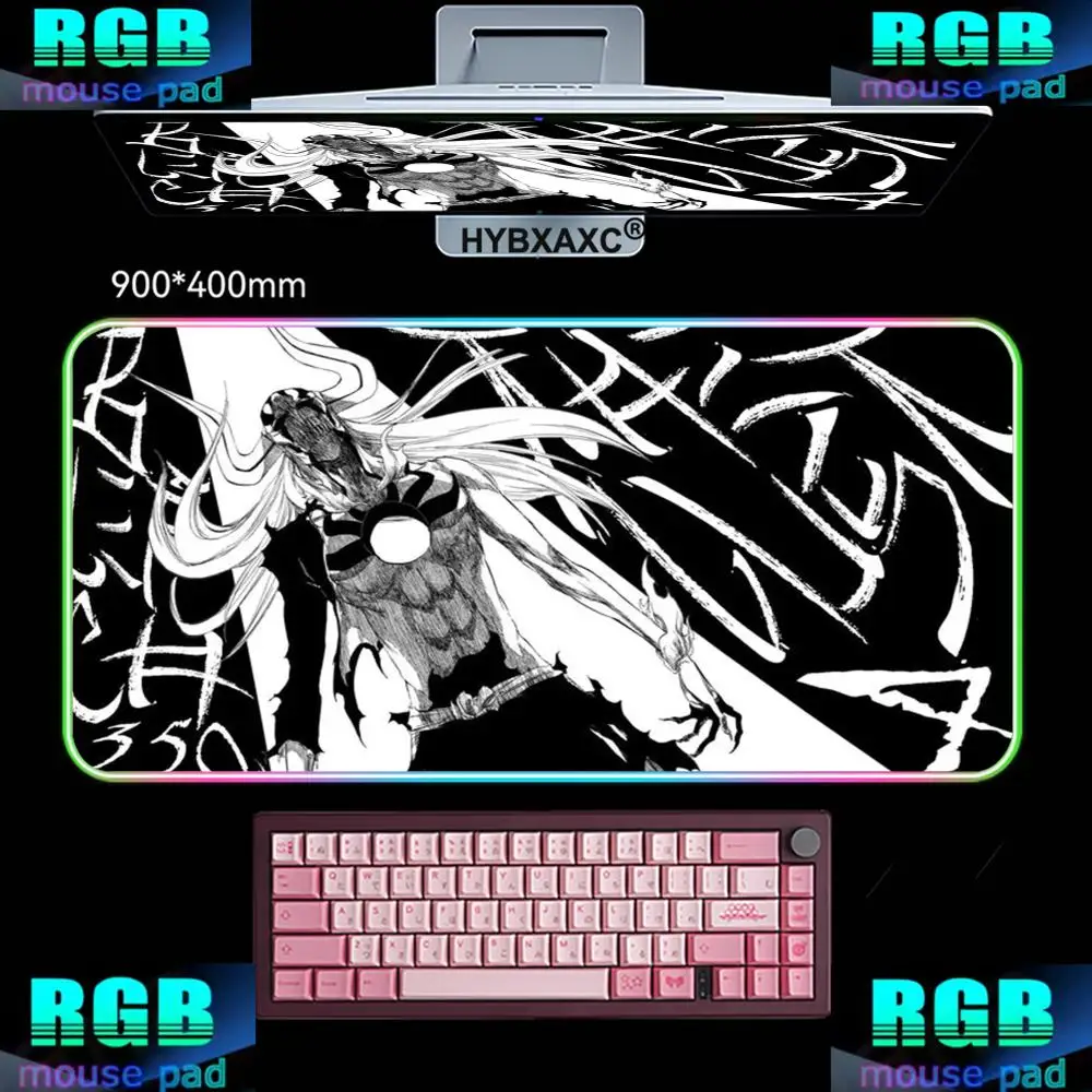 

RGB LED HD Large Mouse Pad black white Anime BLEACH Mause Mats Gaming Accessories Office Gamer Keyboard Desk Mat Kurosaki Ichigo