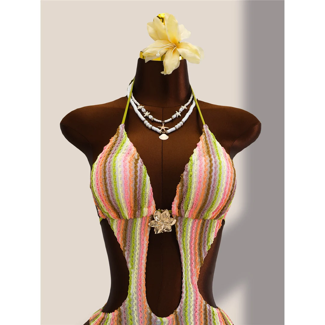 Gestreifter, farbenfroher, ausgeschnittener, einteiliger Badeanzug mit Neckholder für Damen, Monokini mit hohem Beinausschnitt, Badebekleidung, Badeanzug, Schwimmanzug V8304 – Detail 13
