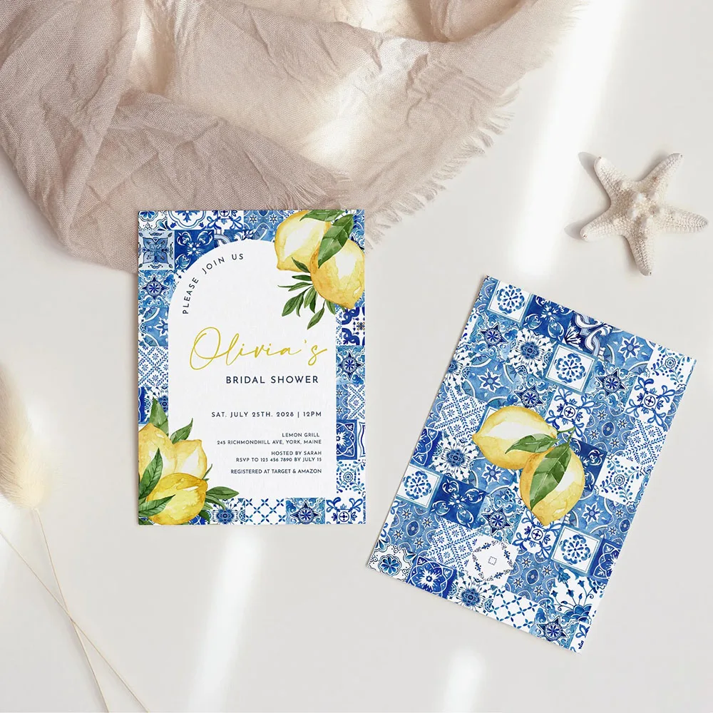 Personalized Mediterranean Tile And Lemon Bridal Shower Invitation Blue Tile Arch Frame Text Custom Minimalist Invitations