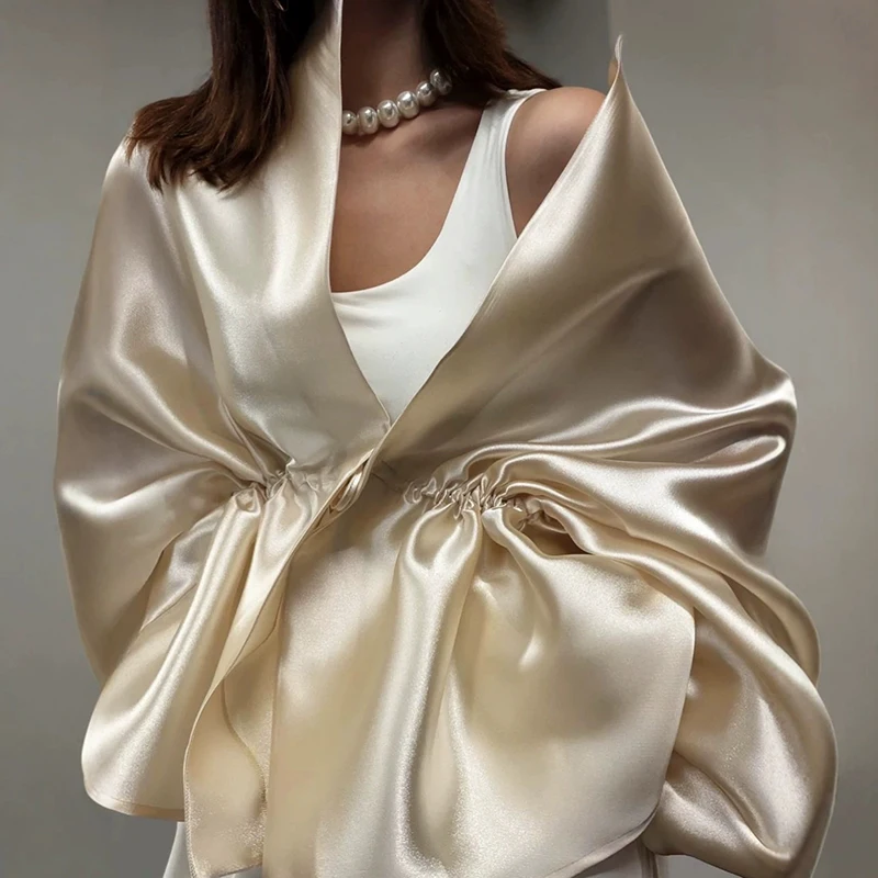 Unique Solid Shawl Style Party Evening Jacket 2026 Elegant Drawstring Waist Outwear Luxury Collarless Satin Bubble Sleeve Coats