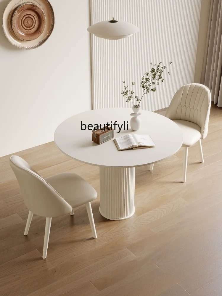 Cream Style round Dining Table Stone Plate Conference Table Modern Minimalist Roman Column round Table