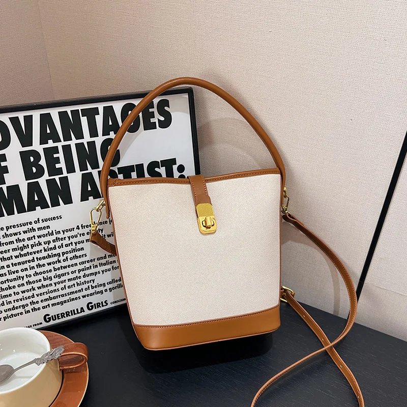 

2025 New Shoulder Bag Fashionable Splicing Bucket Bag High-end Niche Design Portable Messenger Bag