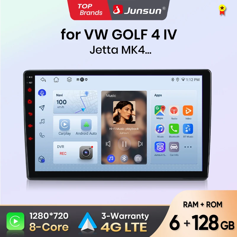 Autoradio Junsun pour VW Golf 4 Jetta MK4 1997 1998 1999 2000 2001 2002 2003 CarPlay Android Auto FM RDS DSP BT GPS Navi SWC Écran tactile HD IPS Plug & Play Lecteur multimédia Appel mains libres Style d'origine de la voiture Unité centrale
