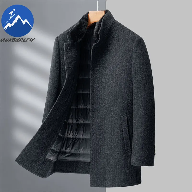 Maxbarley Winter Woolen Coat Men Fashion Detachable Down Jacket Fur Collar Warm Overcoat Korean Designer Double-sided Wool Coat