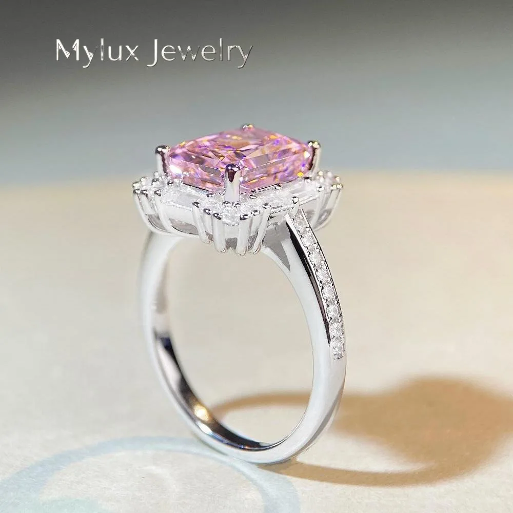 

Mylux Jewelry Luxury white gold solid platinum PT950 Women's full-diamond cherry blossom pink square moissanite ring