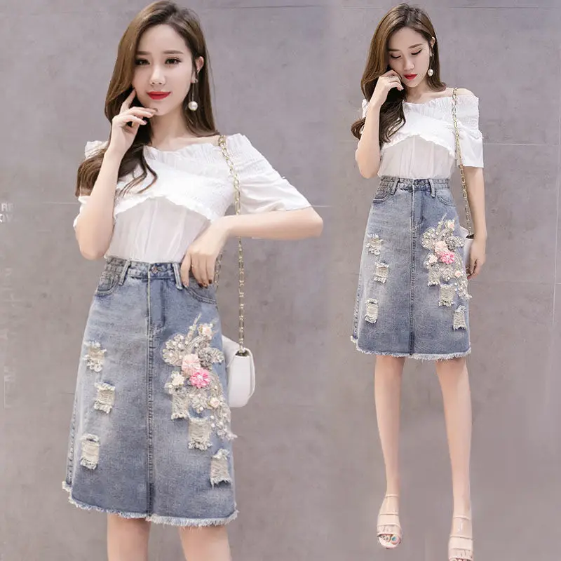 

2024 Summer New Fashion Ripped Denim Skirt Package Hip One-step Mid-length Skirt Regulai Fit Faldas Escocesas De Mujer