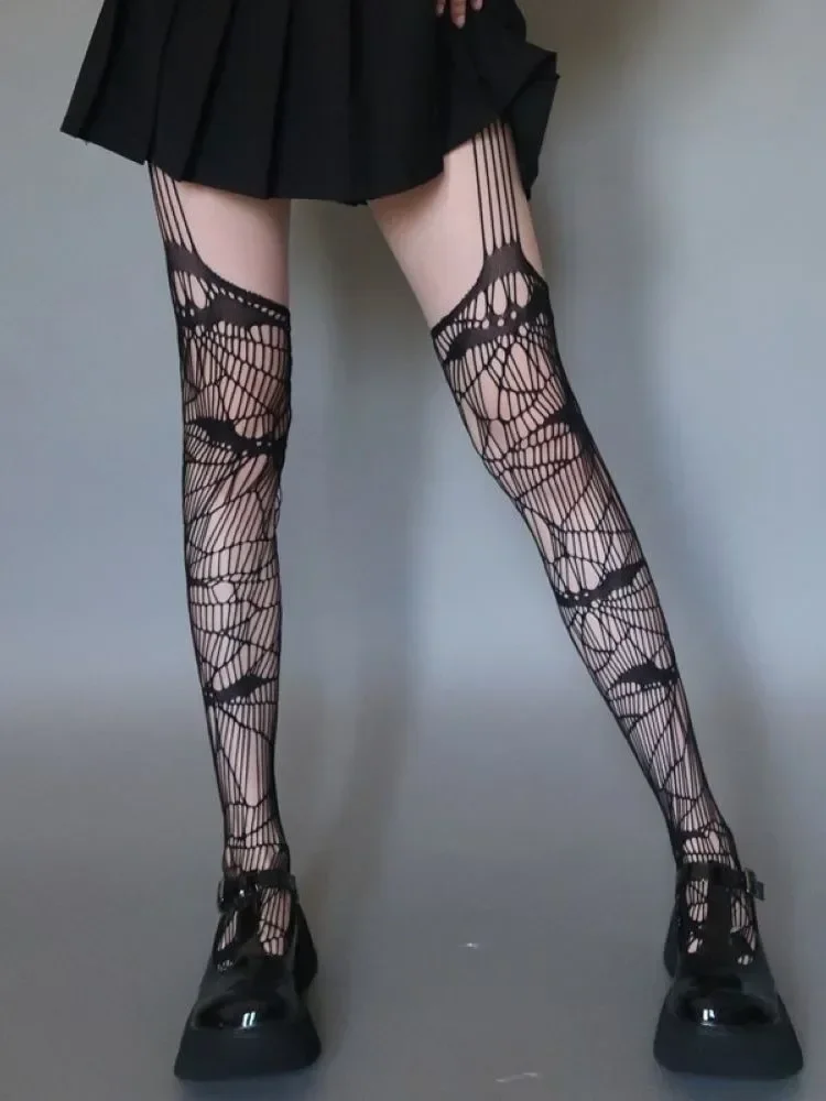 Gothic Bat Pattern Long Sexy Fishnet Stockings Punk Women Harajuku Emo Alternative Mesh Tights Skin Thigh High Garters Hosiery