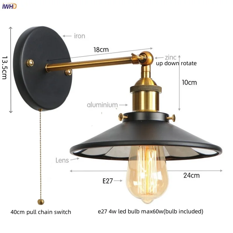 IWHD Industrial Lens Pull Chain Switch LED Wall Lamps Loft Stair Light Fixtures Coffee Bar Bedroom Bedside Lamp Gold Luminaire