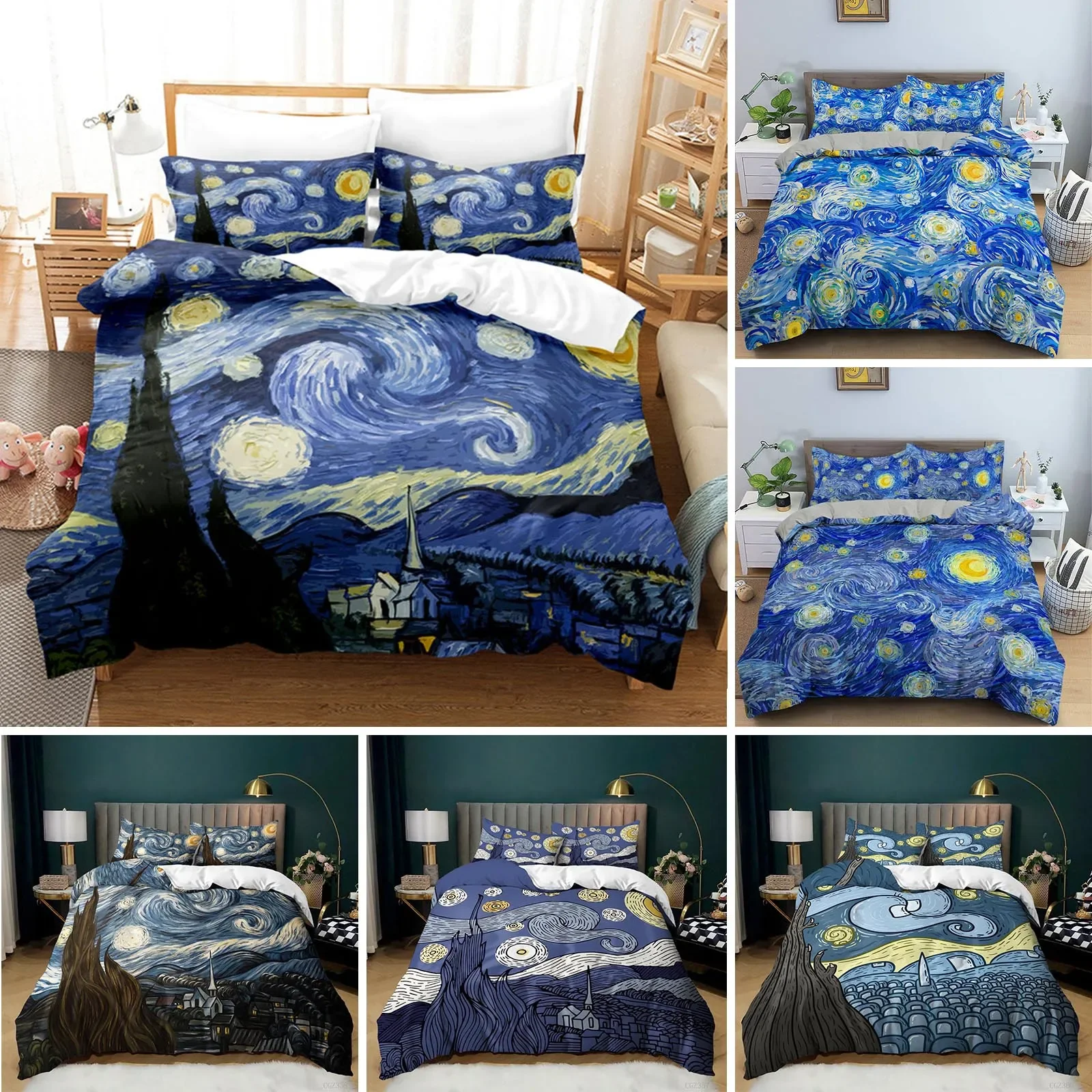 Starry Night Van Gogh Duvet Cover Set Queen Size,Oil Painting Famous Modern Classic Sky Star Art,Decorative 3 Piece Bedding Set