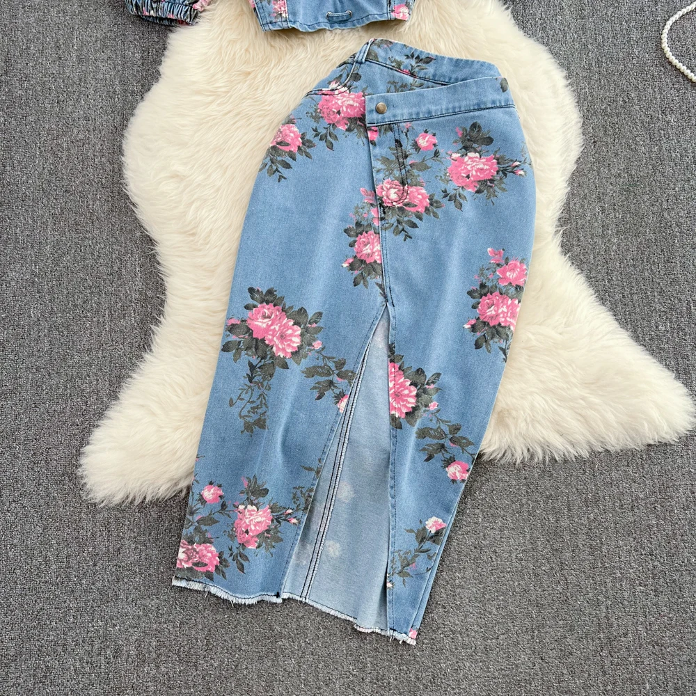 Fashion Floral Print Denim Skirt Set Spaghetti Strap Crop Tops Irregular Slim Split Skirt Summer Women 2Pcs Suits