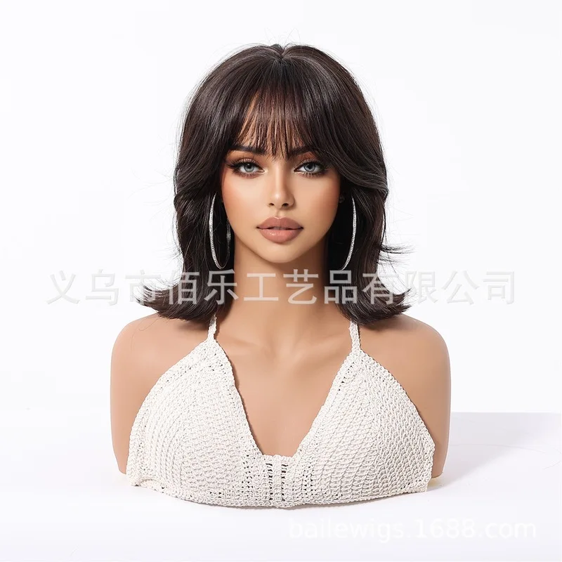 New cross-border wig, brown with bangs, short curly hair, celebrity style, full head wig