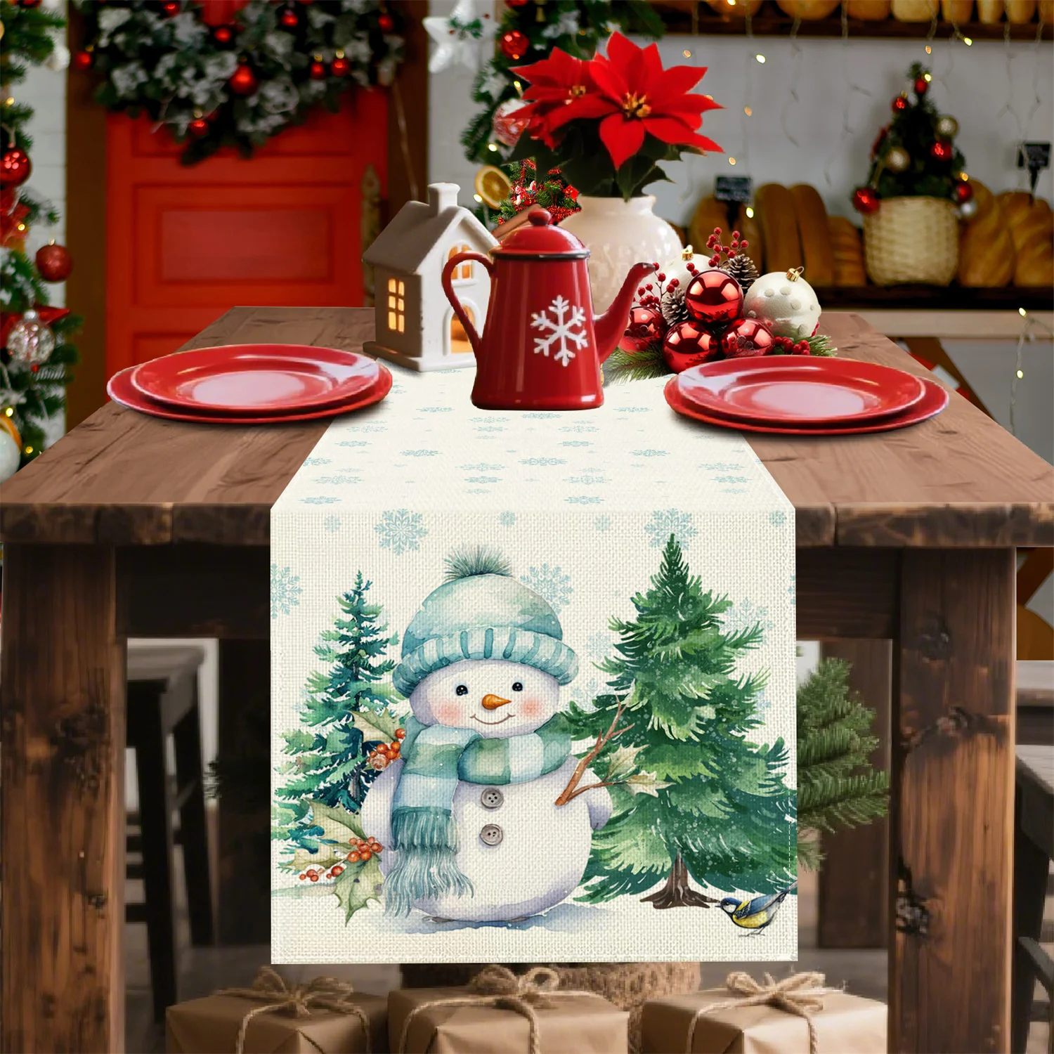 Festive Christmas Table Runner Snowman Tree & Bird DesignHoliday Decor for Indoor/Outdoor Dining Kitchen and Party Gatherings
