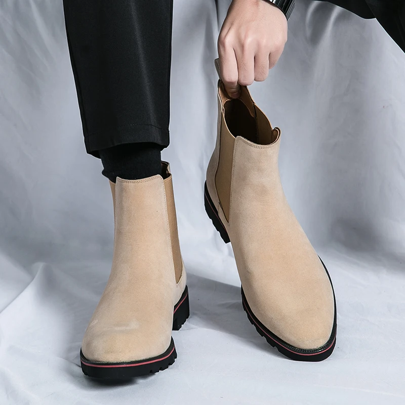 

Chelsea Men Boots Retro Elastic Band Mid Top Suede Leather Minimalism Casual Casual European and American Short Boots