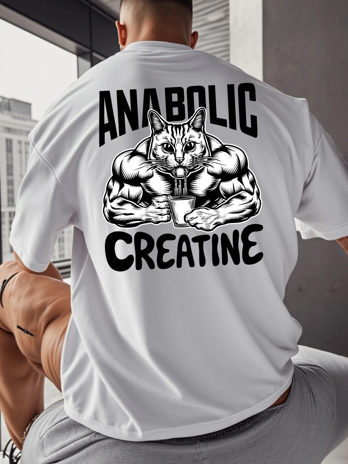 Camiseta Masculina de Algodão Oversize Casual para Fitness e Esportes, com Estampa de Gato Musculoso e Meme de Creatina Anabólica, Estilo Streetwear, Solta, para Verão e Primavera