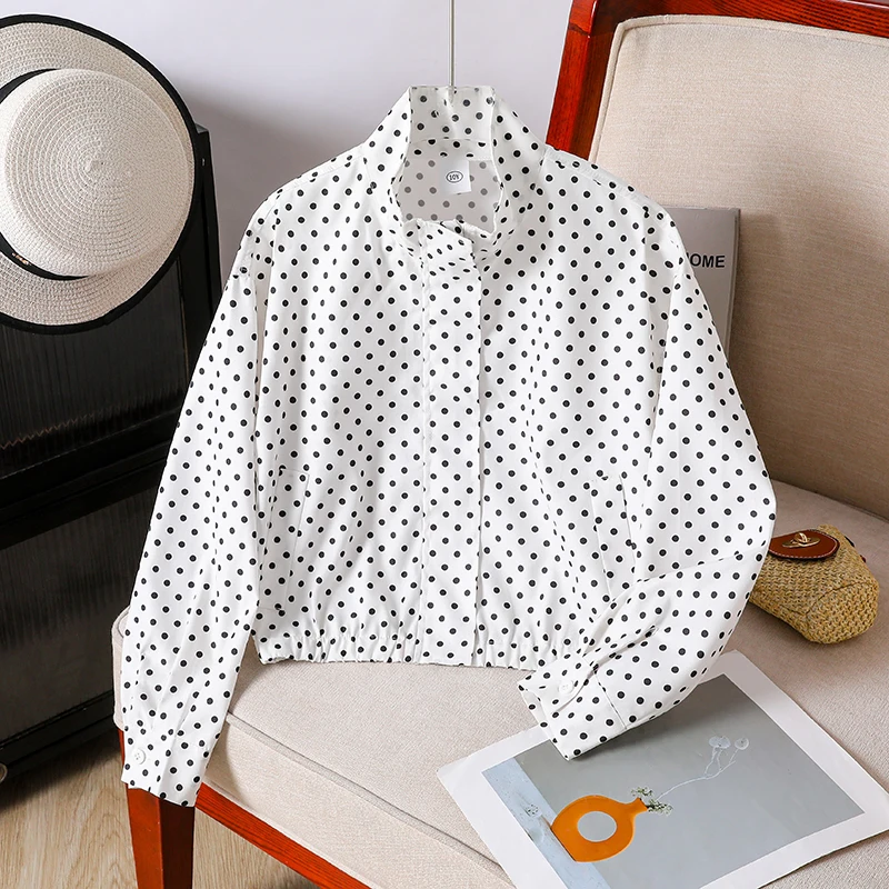 Girls Spring Autumn Jacket for 8-12Y, White Black Polka Dot Stand Collar Long Sleeve Cropped Outerwear Kids Daily Casual Coat