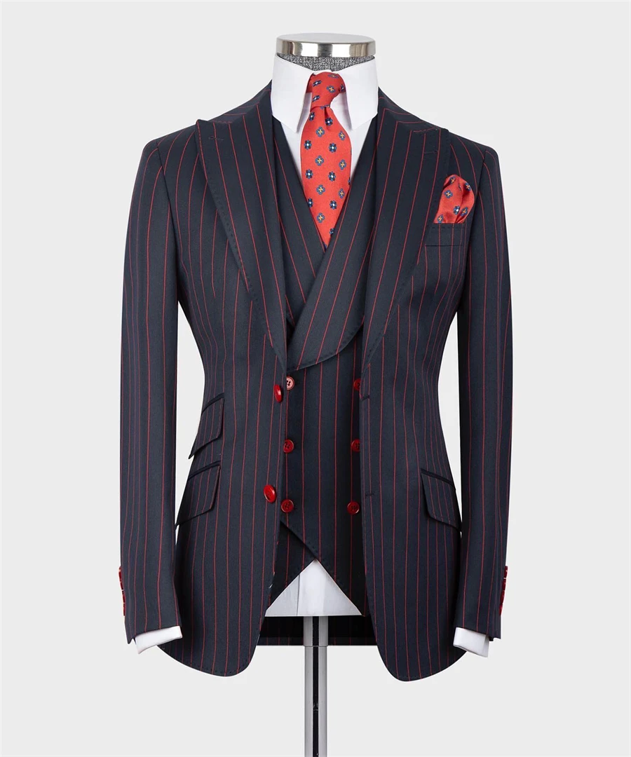 Navy Blue Red Stripe Autumn/Winte  Men\'s Suit for Wedding Groom Tuxedo 3pcs Blazer Pants Formal Business Party Male Costumes