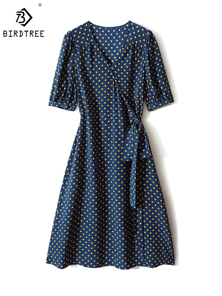 

BirdTree 100%Mulberry Silk Half Sleeve Dresses for Women, V-Neck Polka Dots, 2024 Spring New Slim Elegant Dress, Blue D414102QM