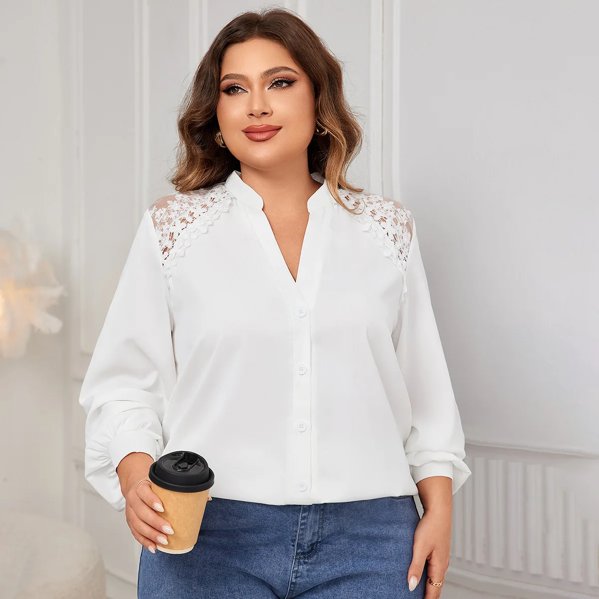 

Patchwork V-neck Lace Shirt, Autumn Fashion New Product, Long Sleeved White Top Casual 2025 Party Summer Elegantes Casual Y2k
