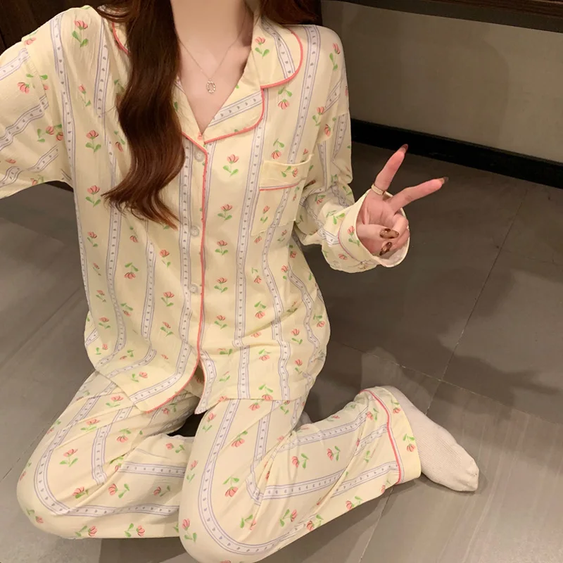 Spring and Autumn New Women's Fresh Flowers Long-Sleeved Pajamas Homewear Suit Girls Casual Pajamas Thin Section Homewear
