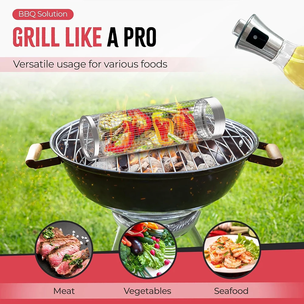 Round Grilling BBQ Basket Stainless Steel Rolling Grilling Basket Wire Mesh Cylinder Grill Basket Portable Outdoor Camping Barbe