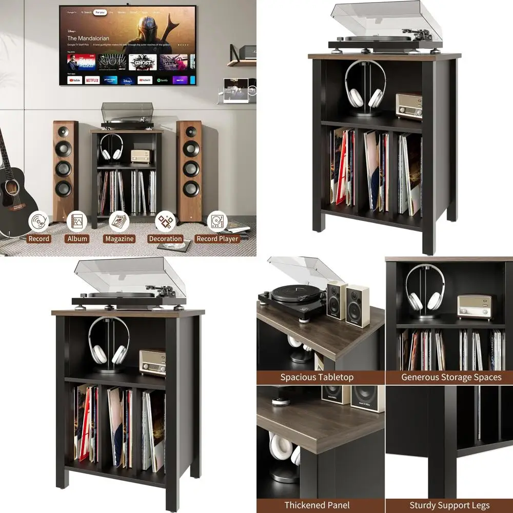 

Black Vinyl Record Storage End Table with Display Shelf, Holds 130 Albums, Nightstand for Living Room and Bedroom
