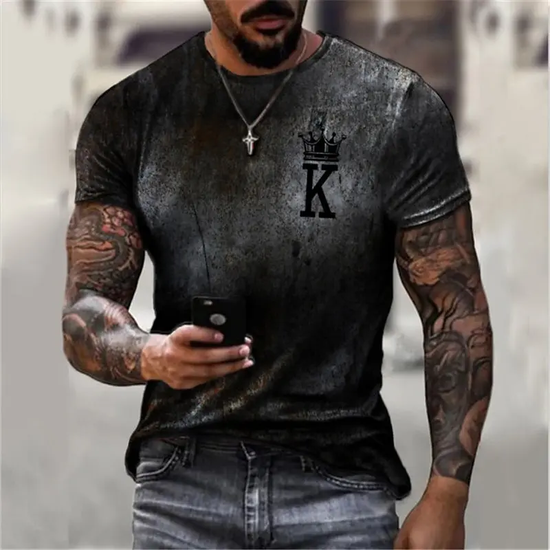 Men's Street T shirt Vintage 3D Crown K Letter Print Short Sleeve Crew Neck T-shirts Fashion Men/Women Outdoor Daily Sports Tops