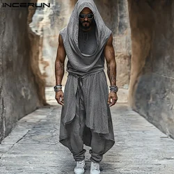 2024 Street Fashion Two-piece Suits INCERUN Men Causal Simple Solid Color Outfits Commuting American Style Oversize 2PCS Sets