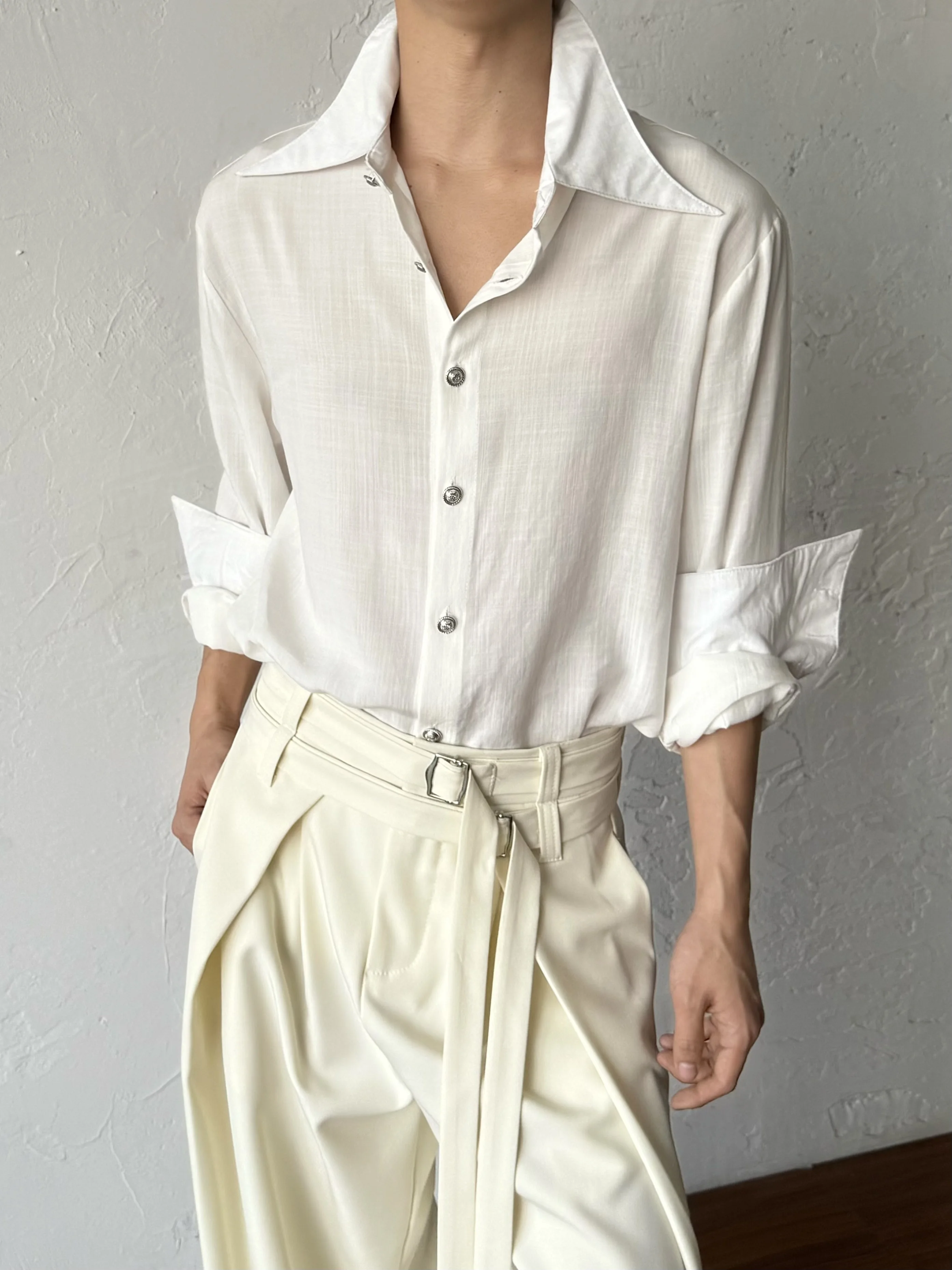 

14GSL Retro Linen Shirt Point Collar Minimalist High-End Feel Commute Long Sleeve Men's Casual Fashion Breathable Comfortable
