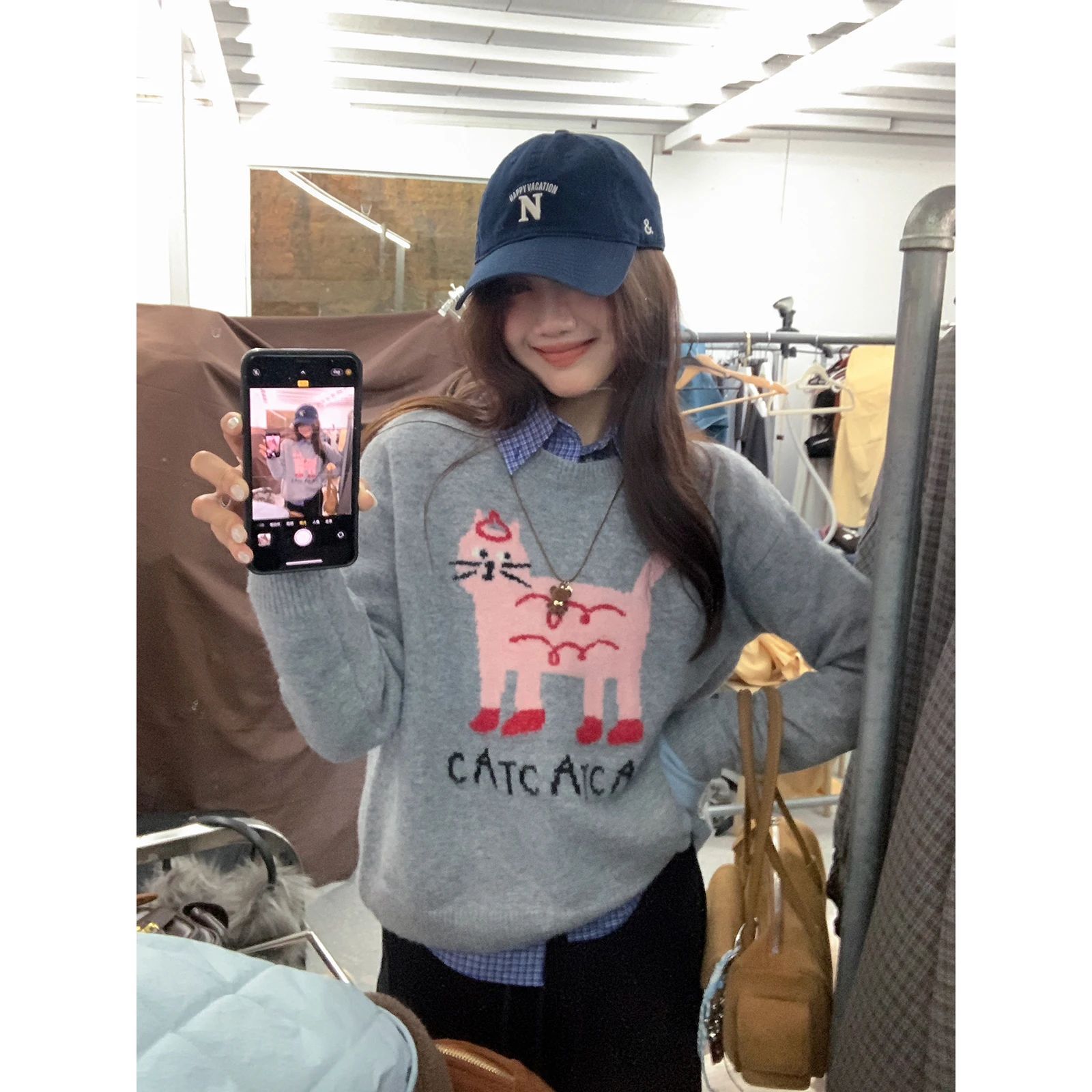 

Pink Pattern Korean Sle Lazy Texture Knitted Sweater Women's Small Size Fun Design Woolen Top for Autumn Winter