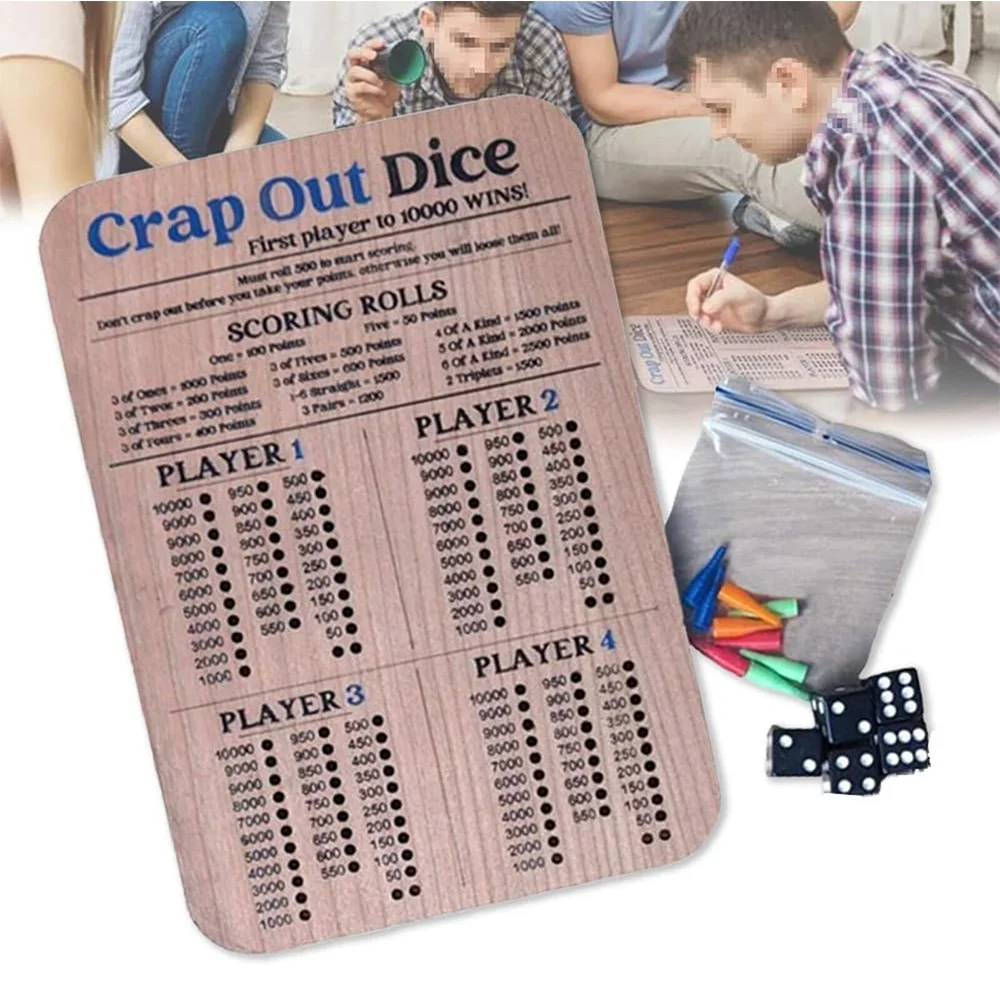 Wooden Crap Out Dice Score Board Classic Family Game Round Funny Dice Board Game With Wood Tray Score Pad Farkle Dice Tray ﻿