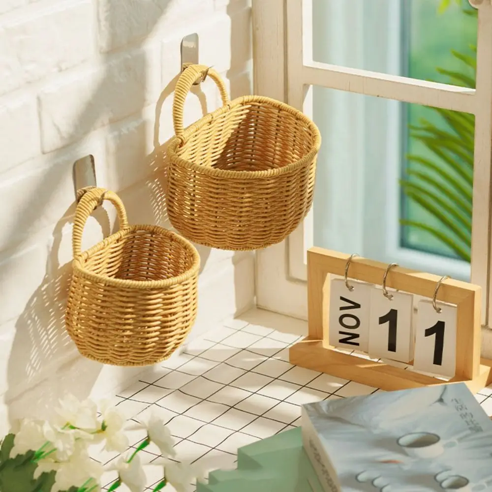 

Wall Mounted Plastic Garlic Storage Basket Rectangle/Semi-circular Simulated Rattan Wall Hanging Kitchen Organizer Space Saving