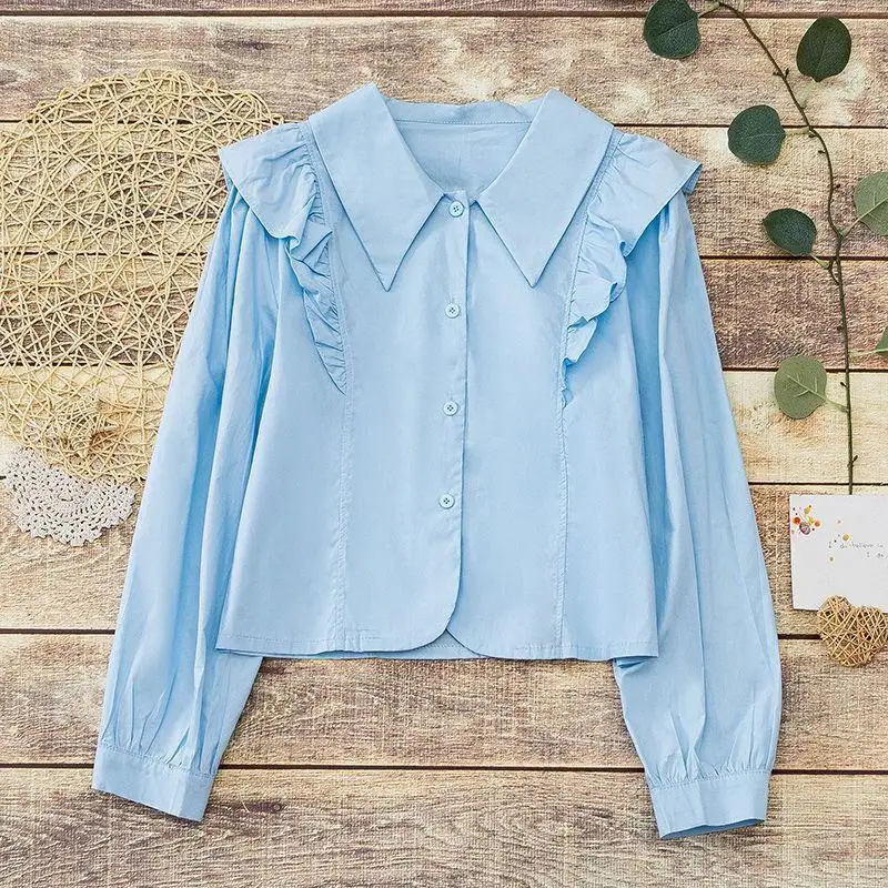 قميص قصير بحافة أوراق اللوتس، متعدد الاستخدامات لمزاج المرأة، مقاس نحيف وتنحيف، أكمام فقاعية، بلوزة حلوة #2