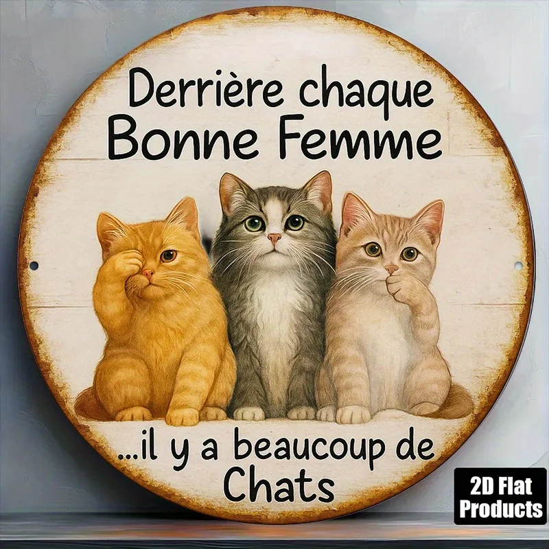 Round French Aluminum Sign Featuring a Vintage Plaque with The Saying 'Behind Every Good Woman Are Many Cats.' This 'Cat'