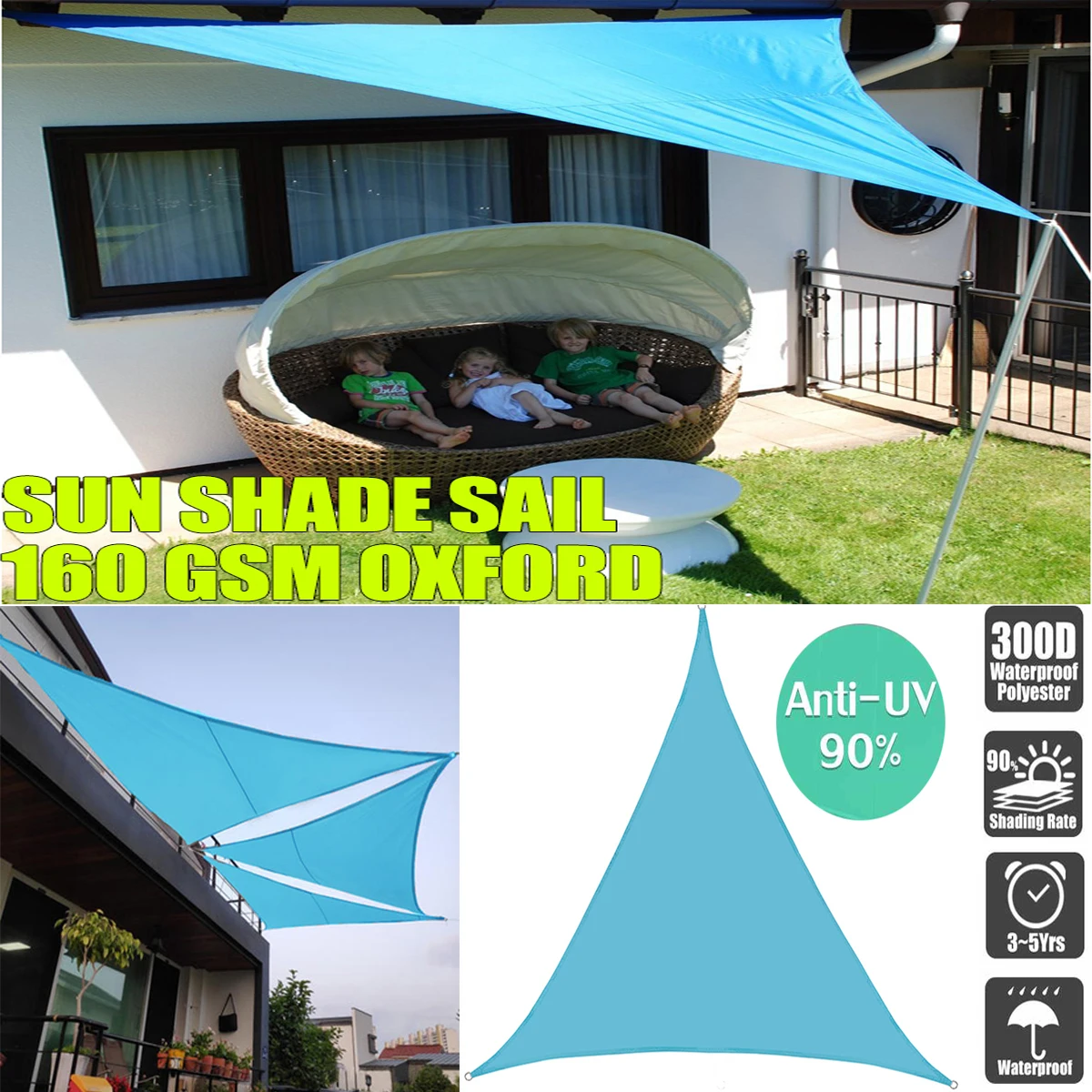 

Sky Blue All size Waterproof Sun Shade Sail Triangle Garden Terrace Canopy Pool Shade Camp Hiking Yard Awning 95% UV Blockage