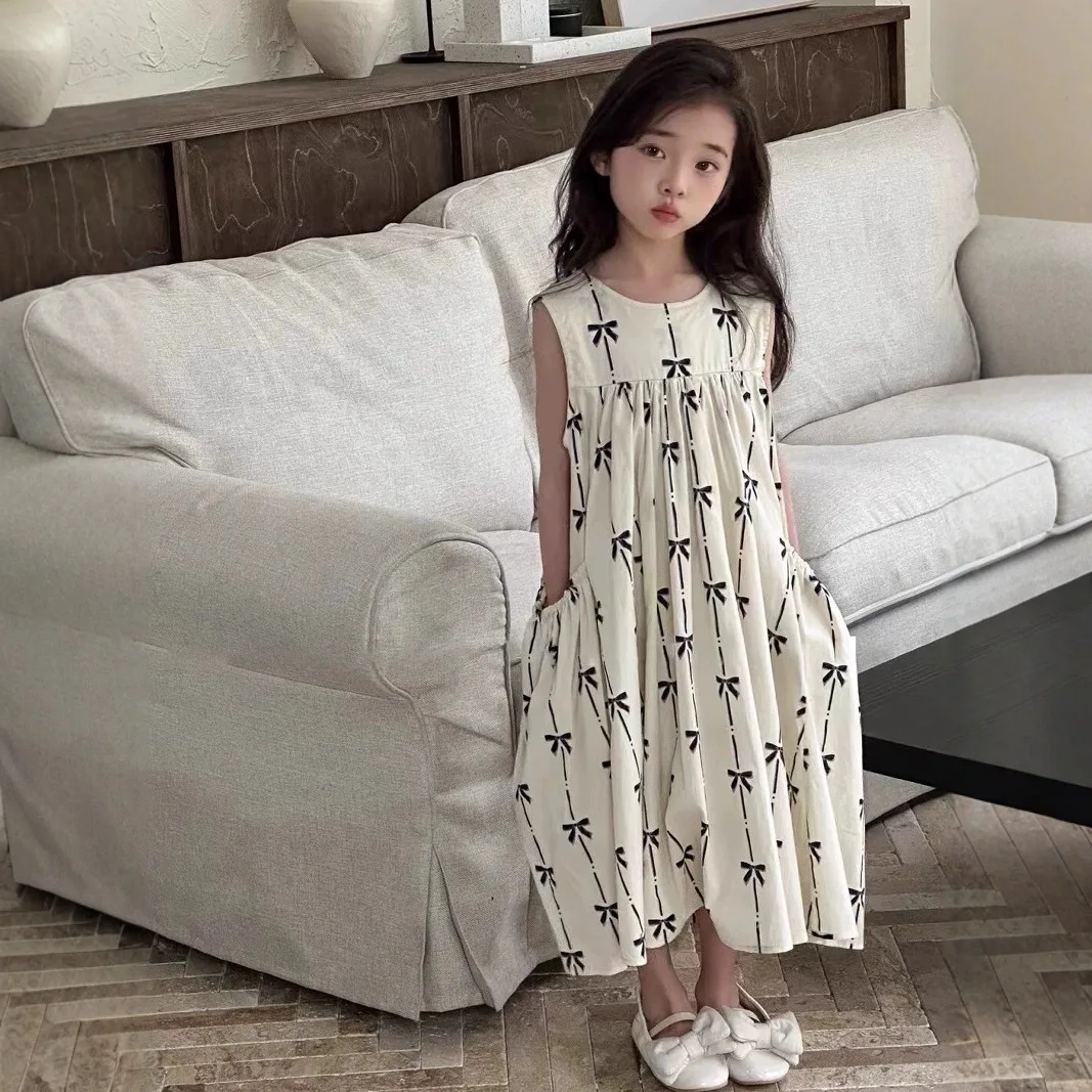 Girls' Sleeveless White Bow Vest Dress Princess Summer Dress Large Children's Stylish Dress