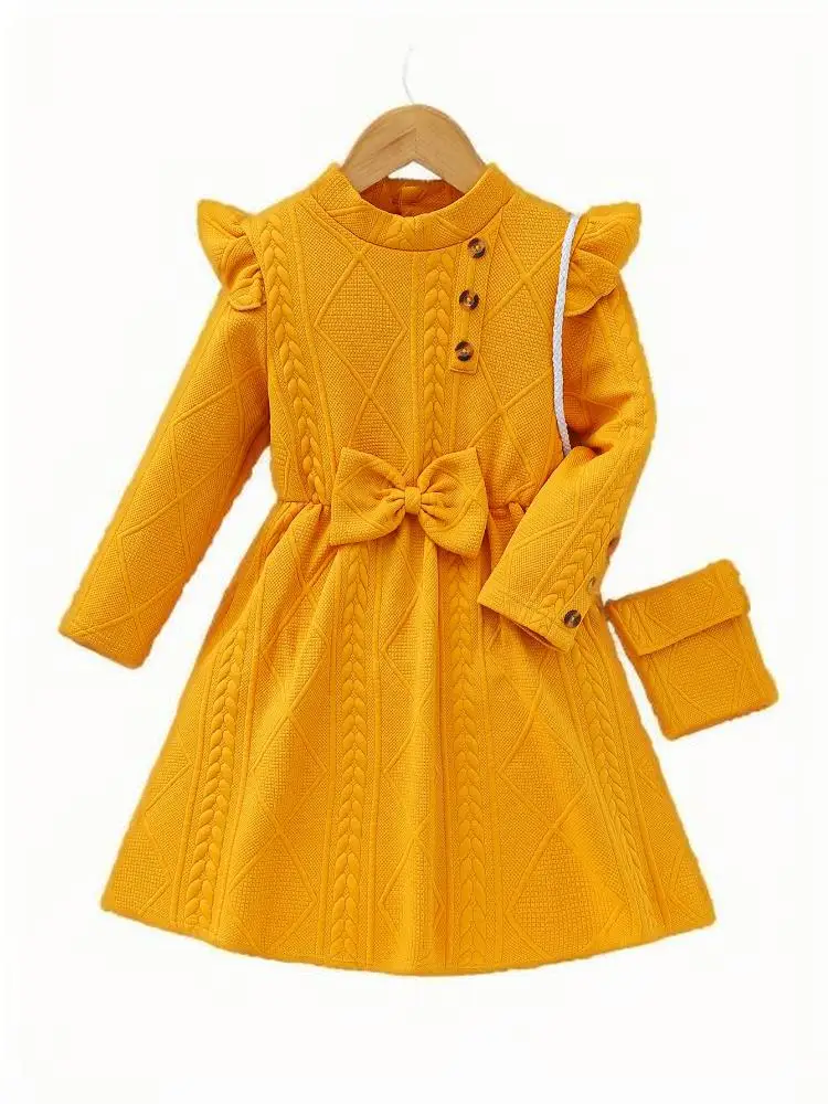 

Children's clothing for girls in spring and autumn, solid color bow, countryside casual dress, free bag