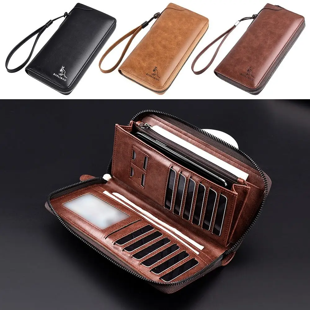 Portable Clutch Bag Large Capacity Leather Bag RFID Blocking Men's Long Zipper Wallet Credit Card Holder Purse