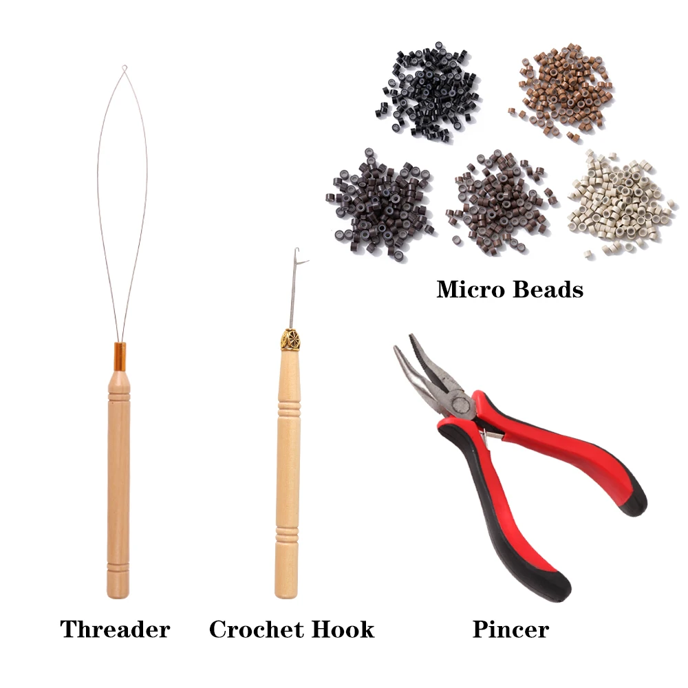 Haarverlängerungs-Werkzeug-Set, 300 Stück, Schwarz, Braun, Verbindungshaar, Mikroring-Perlen, 1 Haarverlängerung, Zange entfernen, 2 Hakennadel, Zugschlaufe