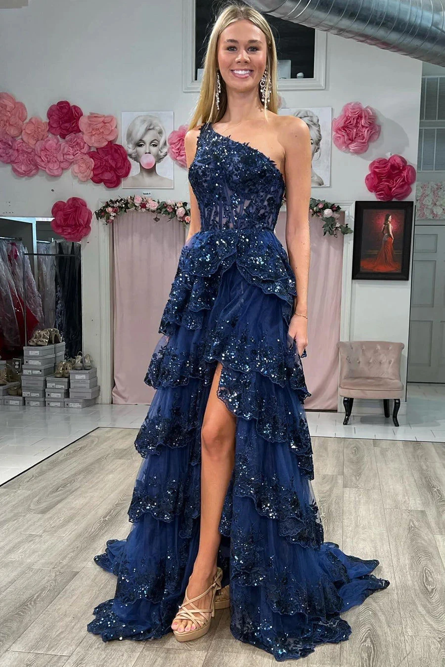 Luxury Navy Blue Prom Dresses Lace Tiered See Through One Shoulder Long Evening Party Dress Gala Women\'s Sequin Slit Formal Gown