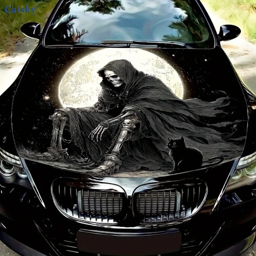 

Grim Reaper and Black Cat Under the Moon Car hood packaging sticker, PVC material, self-adhesive waterproof, anti-slip paint, ca