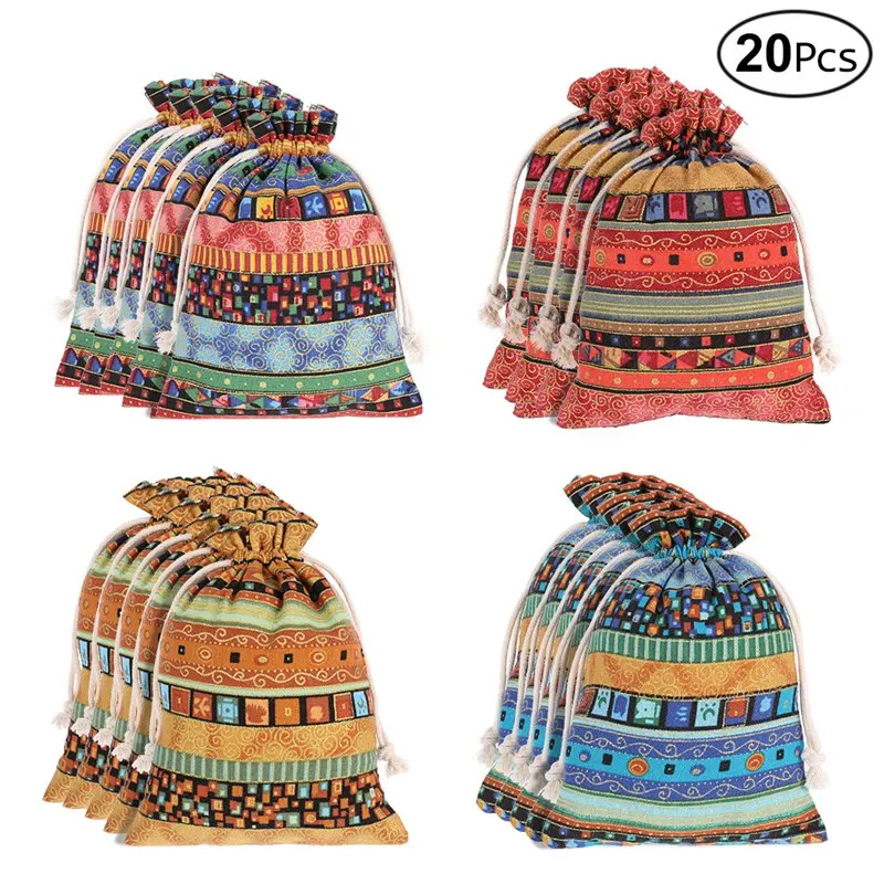20pcs Reusable Colorful Ethnic Cotton Drawstring Bag Packing Sachet for Jewelry Storage Display Festival Gift Packing Pouch