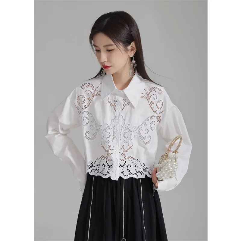 WAKUTA Spring/Summer Design Feeling Hollow Hook Flower Flip Collar Long Sleeved Shirt Minority Cardigan Short and Unique Top