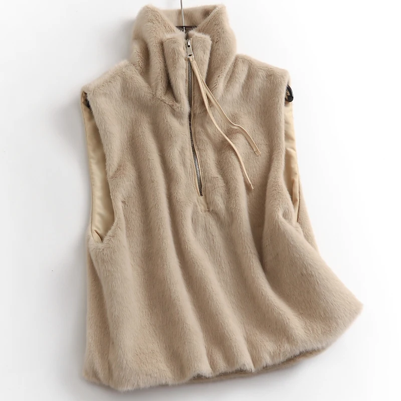 

Khaki Soft Fluffy Vest for Women Winter Stand Collar Thick Warm Waistcoat Female Daily Versatile Half-zipper Sleeveless Tops