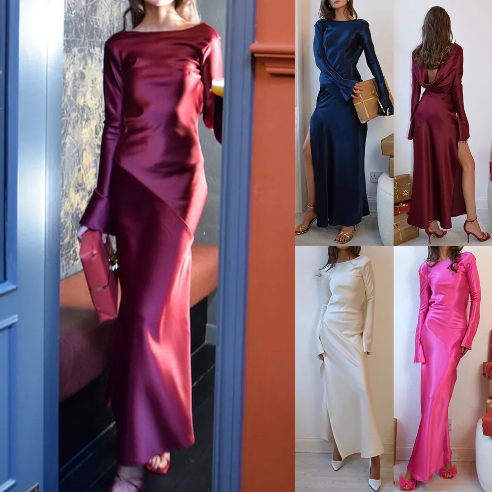 European And American New Elegant Temperament Solid Color Backless Satin High Split Horn Sleeve Long Sleeve Dress